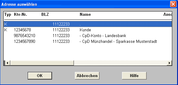 Maske: Adresse für Auftrag auswählen Adresse für Auftrag auswählen