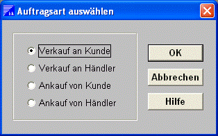 Maske Auftragsart auswählen Maske Auftragsart auswählen