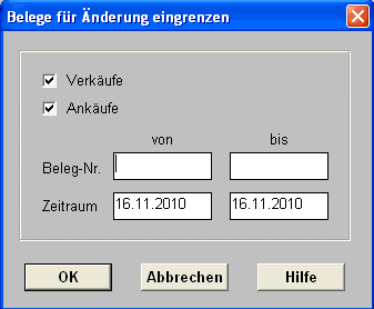 Maske: Belege für änderung eingrenzen Anzahl zu druckender Auftragsbelege festlegen