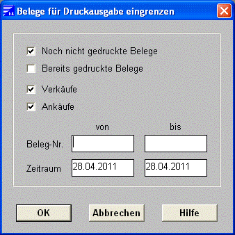 Maske Belege für Druckausgabe eingrenzen Maske Belege für Druckausgabe eingrenzen